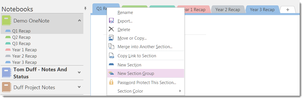 onenote 2016 sections on left